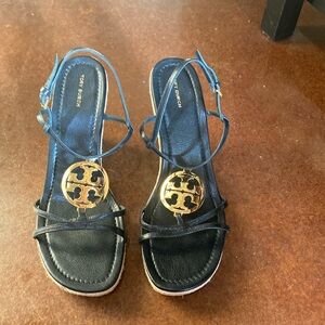Tory Burch Black Sandals with Ankle Straps and Gold Medallion
